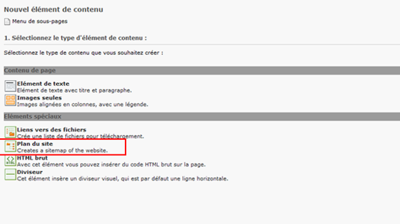 Le type de bloc à choisir est "Plan du site"