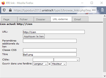 Pop-up permettant de paramétrer le lien
