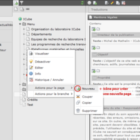 Apparition d'un menu contextuel au clic sur l'icône de la page, puis d'un 2ème au survol de la rubrique "Actions pour la page". Cliquer sur "Nouveau" ensuite