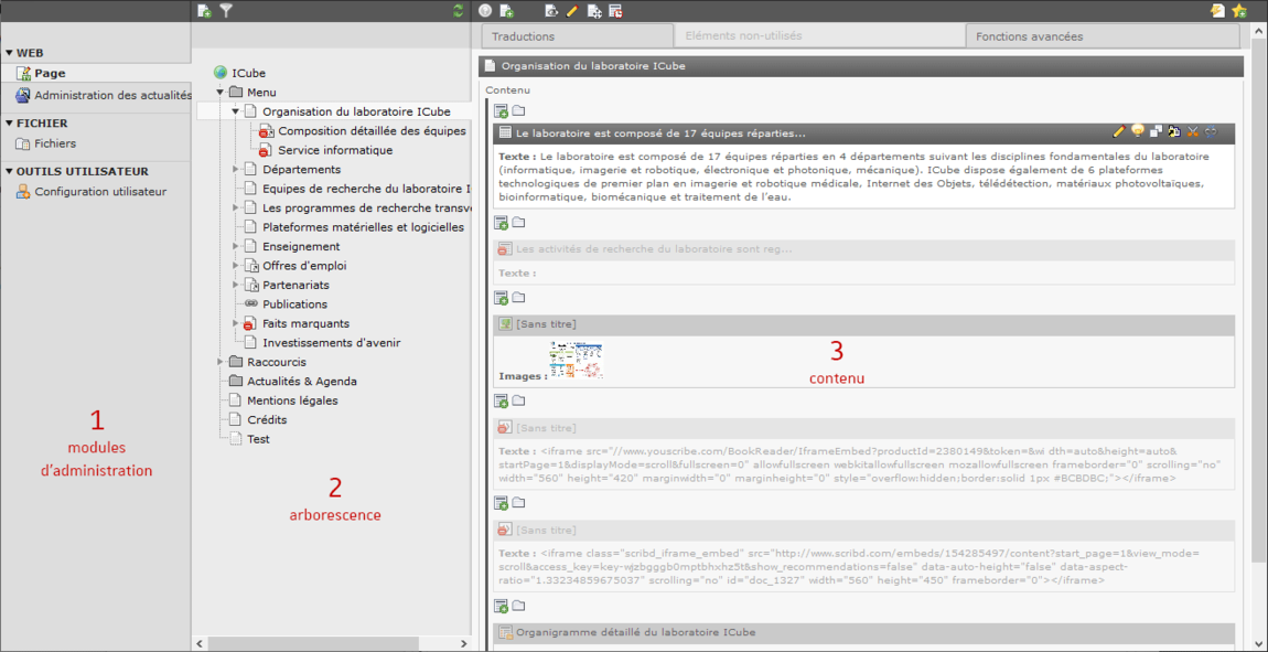 3 colonnes : Modules d'administration, arborescence, contenu de la page