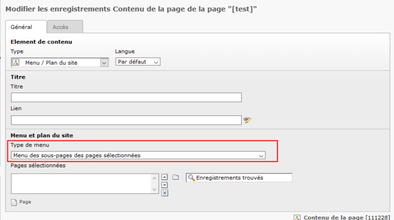 Sélectionner "Menu des sous-page des pages sélectionnées" dans le menu déroulant