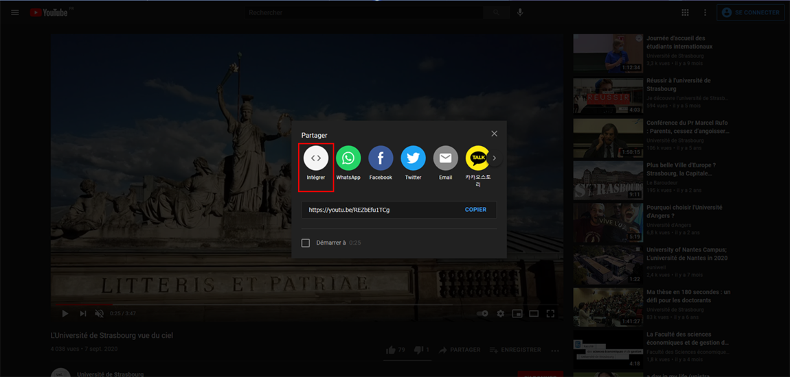 Clic sur le bouton "Intégrer" sur Youtube