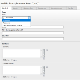 Menu déroulant pour sélenctionner le type de page