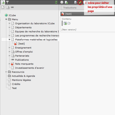 Icône pour éditer les propriétés d'une page au-dessus de la 3ème colonne